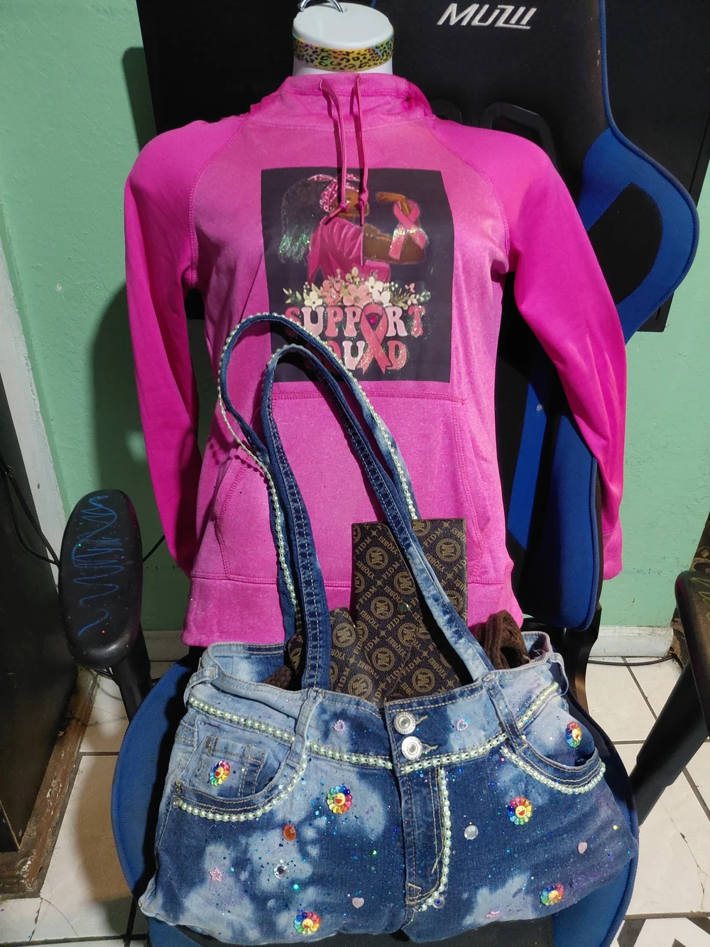 Wallflower Denim Tote with Decorative Embellishments - Green/Blue